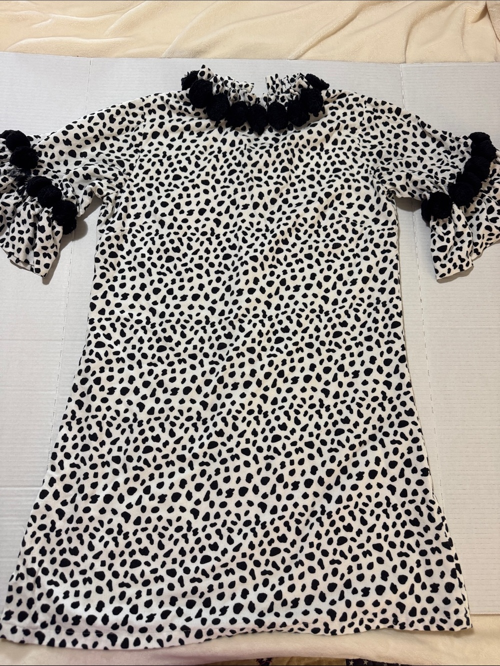 Black & White Dalmatian-Spot Mini Dress with Pom Trim 204